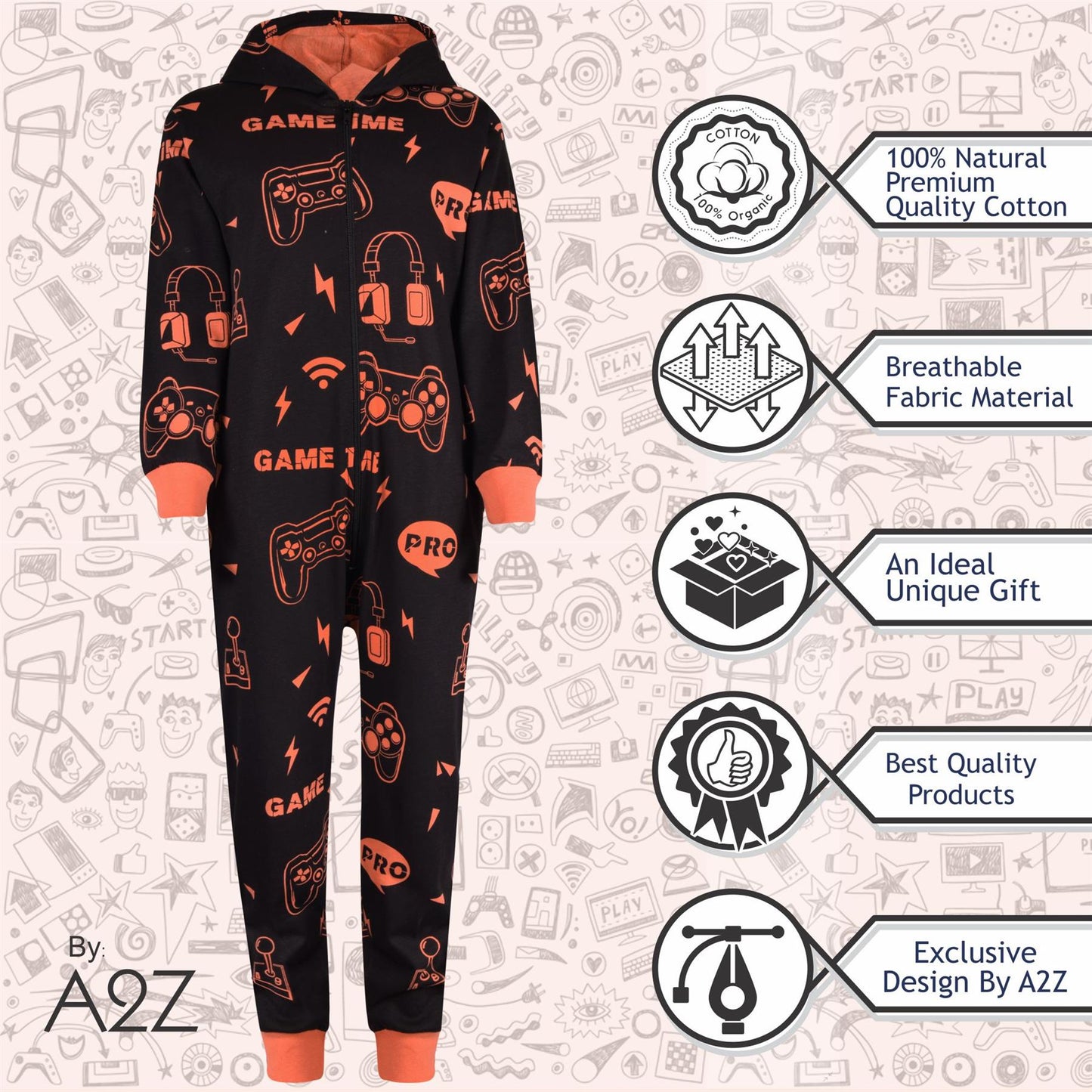 A2Z Onesie One Piece Kids Pyjamas Sleepsuit Blue Game Time Costume Girls Boys