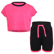 A2Z 4 Kids Black and Neon Pink Crop Top And Shorts Set Contrast Colour Short Sleeves T Shirt Summer Outfit 2 Piece Activewear Girls Age 5-13 years