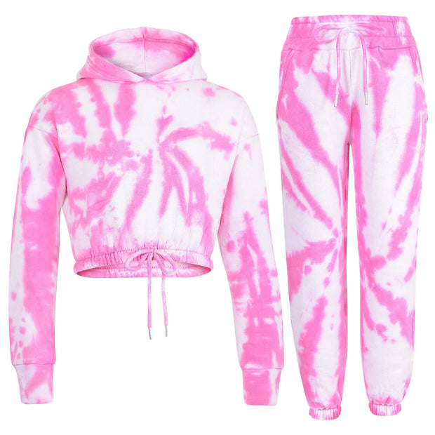 Kids Tie Dye Tracksuit Gym Cropped Hoodie Sweatpants Cord Set Girls Age 5-13