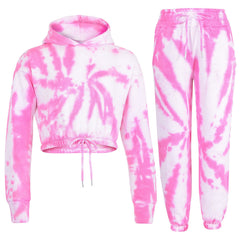 Kids Tie Dye Tracksuit Gym Cropped Hoodie Sweatpants Cord Set Girls Age 5-13