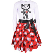 Kids Girls Skater Long Sleeves White Panelled Cat Skeleton Halloween Dresses - A2Z 4 Kids