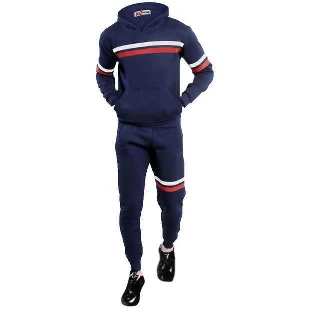 A2Z 4 Kids Girls Boys Tracksuit Designer's Plain Navy Contrast With Red & White Stripes Fleece Hooded Hoodie Top Bottom Workout Running Jogging Suit Gymwear Joggers Age 5 6 7 8 9 10 11 12 13 Years