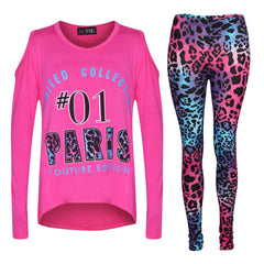 Girls Top Kids #01 Paris Print Trendy Top & Multi Leoaprd Legging Set 7-13 Years