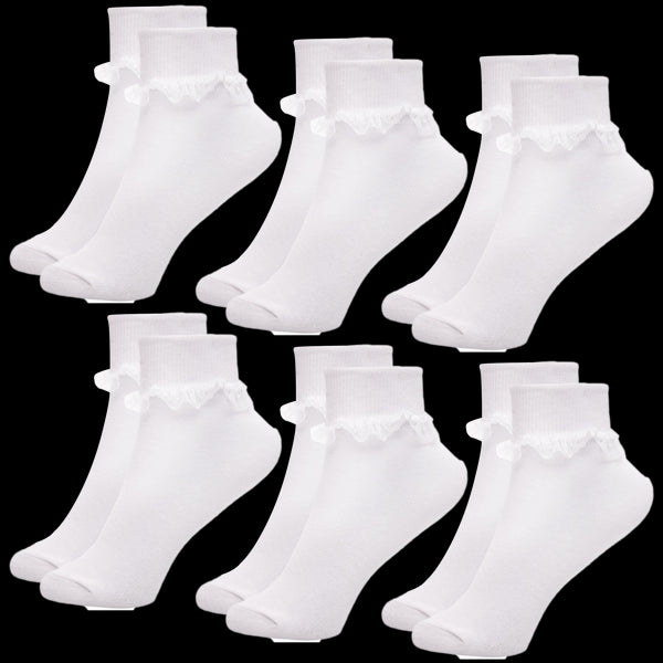 Kids Girls Frilly Lace Socks Pack of 6 Cotton School Party Lace Trim Ankle Socks