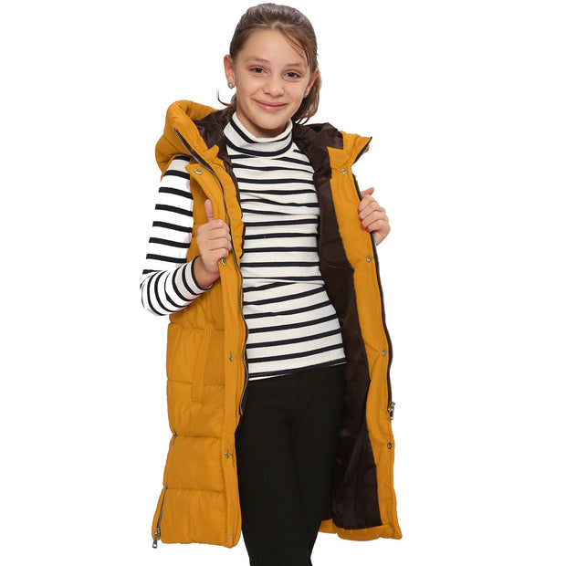 A2Z Kids Girls Down Vest Oversized Mustard Hooded Quilted Gilet Padded Long Line Vest Jacket Long Sleeveless Coat Urban Winter Wear 7-13 Years