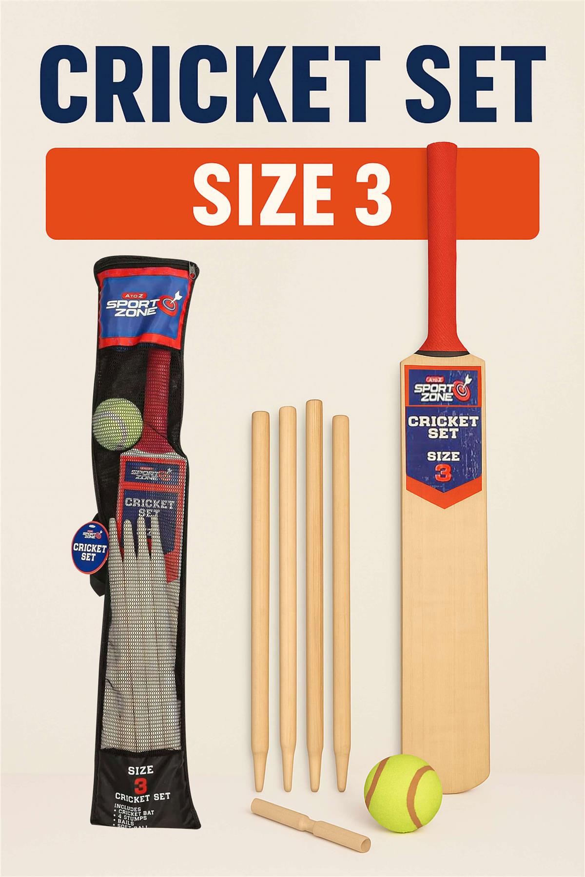 Cricket Set Wooden Bat/Stumps/Bails And Soft Ball Size 3 Game Set With Carry Bag