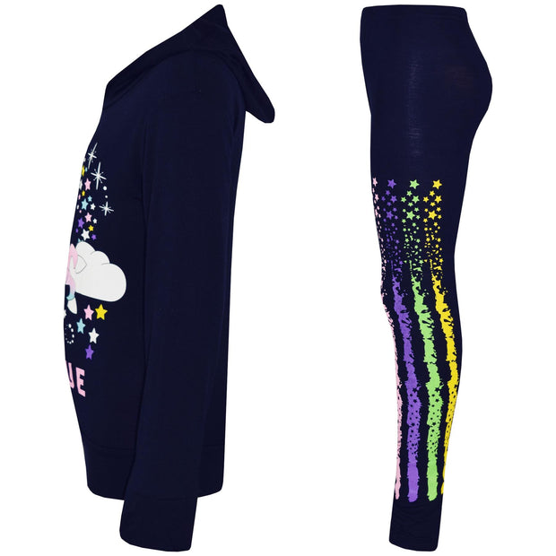 A2Z 4 Kids Girls Dabbing Unicorn Unique Tracksuit Kids Designer's Rainbow Floss Hooded Navy Top & Legging Lounge Wear New Age 7 8 9 10 11 12 13 Years