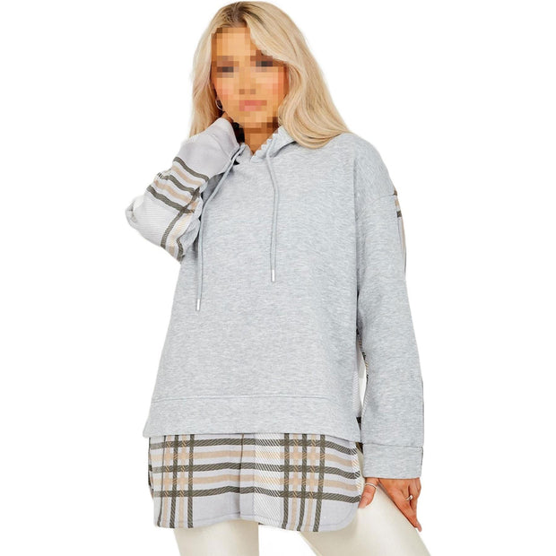 Ladies Hooded Shacket Check Print Colour Block Zip Up Shirt Jacket Oversize Coat