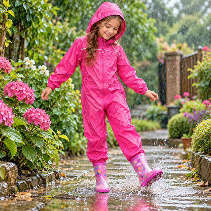Girls Boys Raincoat Kids Puddle Suit Rainwear Waterproof Hooded Rainsuit 2-13 Yr