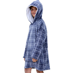 Kids Girls Boys Oversized Hoodie Blue Tartan Printed Snuggle Soft Fleece Blanket