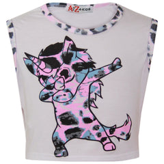 A2Z 4 Kids Girls Crop & Shorts Set Dabbing Unicorn Snow Leopard Trendy Fashion
