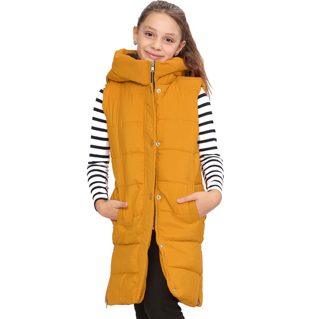 A2Z Kids Girls Down Vest Oversized Mustard Hooded Quilted Gilet Padded Long Line Vest Jacket Long Sleeveless Coat Urban Winter Wear 7-13 Years