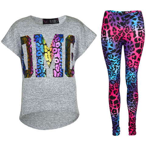 Kids Girls OMG Print T Shirt Top & Wet Look Leopard Legging Outfit Set 7-13 Yrs