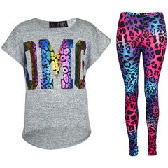 Kids Girls OMG Print T Shirt Top & Wet Look Leopard Legging Outfit Set 7-13 Yrs