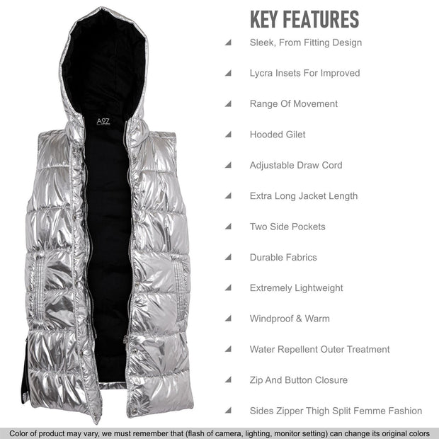 A2Z Kids Girls Fashion Oversized Hooded Quilted Gilet Silver Foil Color Padded Long Line Vest Jacket Long Sleeveless Coat Urban Winter Wear Coat 7-13 Years