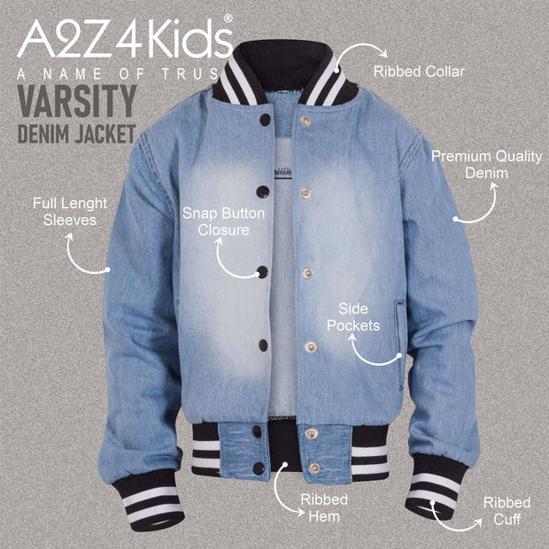 A2Z 4 Kids Boys Girls Ribbed Collar & Cuffs Denim Jacket 100% Cotton Kids Outerwear with Ribbed Hem Snap Button Closure Timeless Fashion for Everyday Adventures