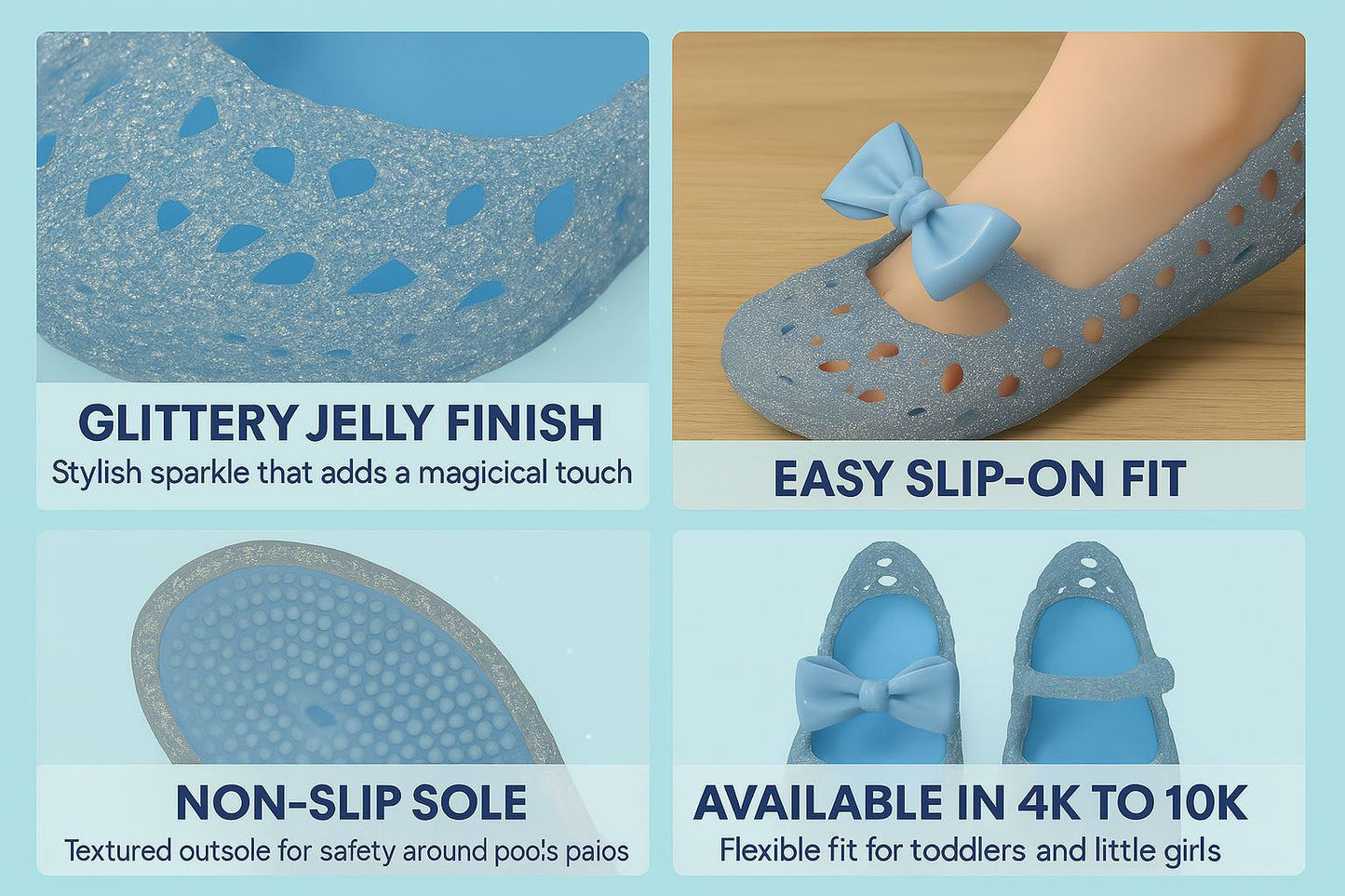 A2Z 4 Kids Girls Glitter Sliders PVC Soft Jelly Slip-On Bow Shoes Summer Holiday