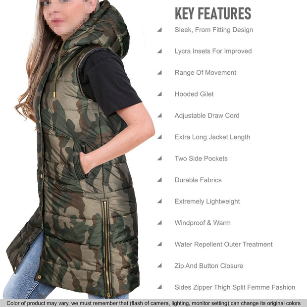 A2Z Ladies Adults Sleeveless Gilet Oversized Hooded Camo Green Quilted Gilet Padded Long Line Vest Jacket Sleeveless Coat Urban Winter Wear