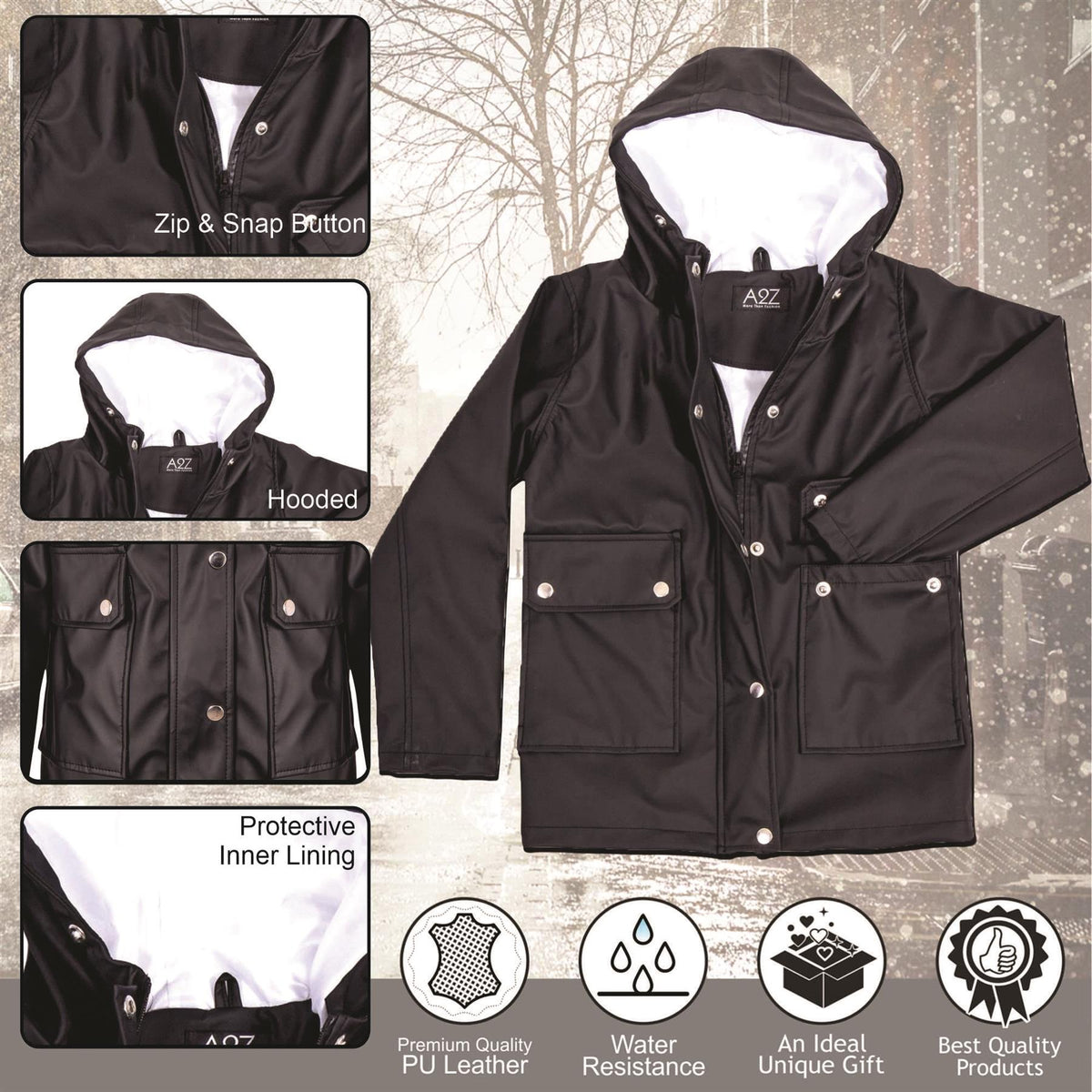 PU Raincoat Jacket Windbreaker Waterproof Parka Hooded For Girls Boys Age 5-13 Years