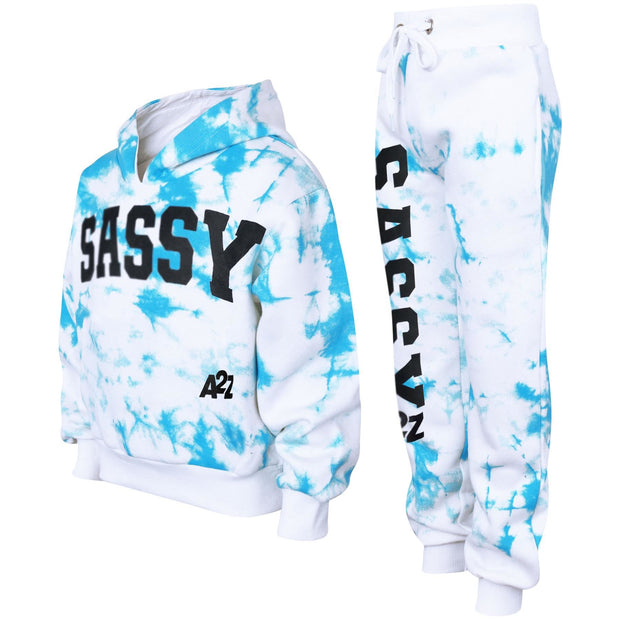 A2Z 4 Kids Girls Tracksuit Designer's Tie Dye Sassy Print Fleece Blue Hooded Crop Top Bottom Jogging Suit Joggers Age 5 6 7 8 9 10 11 12 13 Years