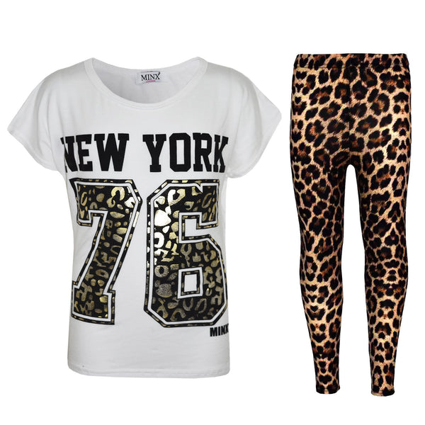 Kids Girls New York 76 Printed Trendy Top & Fashion Legging Set Age 7-13 Years