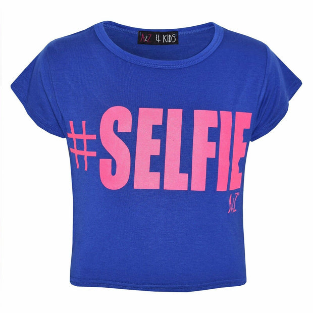 KIDS GIRLS NEW SEASON " # SELFIE " PRINTED CROP TOP T SHIRT 7 8 9 10 11 12 13 Yr
