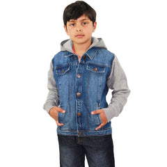 Kids Boys Denim Jacket Fleece Long Sleeves Hooded Stylish Jeans Coat For 2-13 Yr