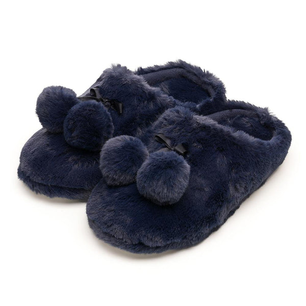 Ladies Navy Pom Pom Mule Slippers  Soft Warm Plush Fluffy Indoor Non Slip Slides