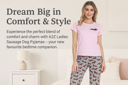 Ladies Sausage Dog Pyjama Set Pink Cotton Top & Grey Sausage Dog Print Bottoms