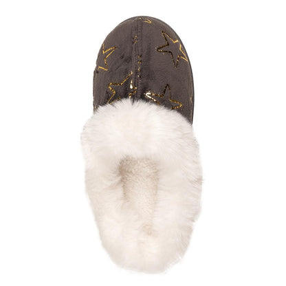 A2Z Ladies Foil Heart and Star Mule Slippers Warm Faux Fur Lined Indoor Shoes
