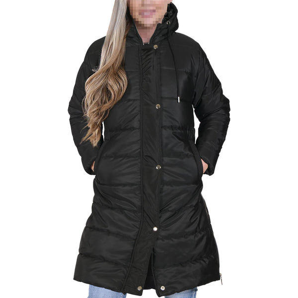 Ladies Adults Long Sleeve Oversized Black Hooded Quilted Padded Coat Jacket