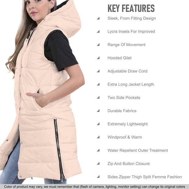 Ladies Sleeveless Gilet Oversized Hooded Quilted Gilet Padded Long Line Coat