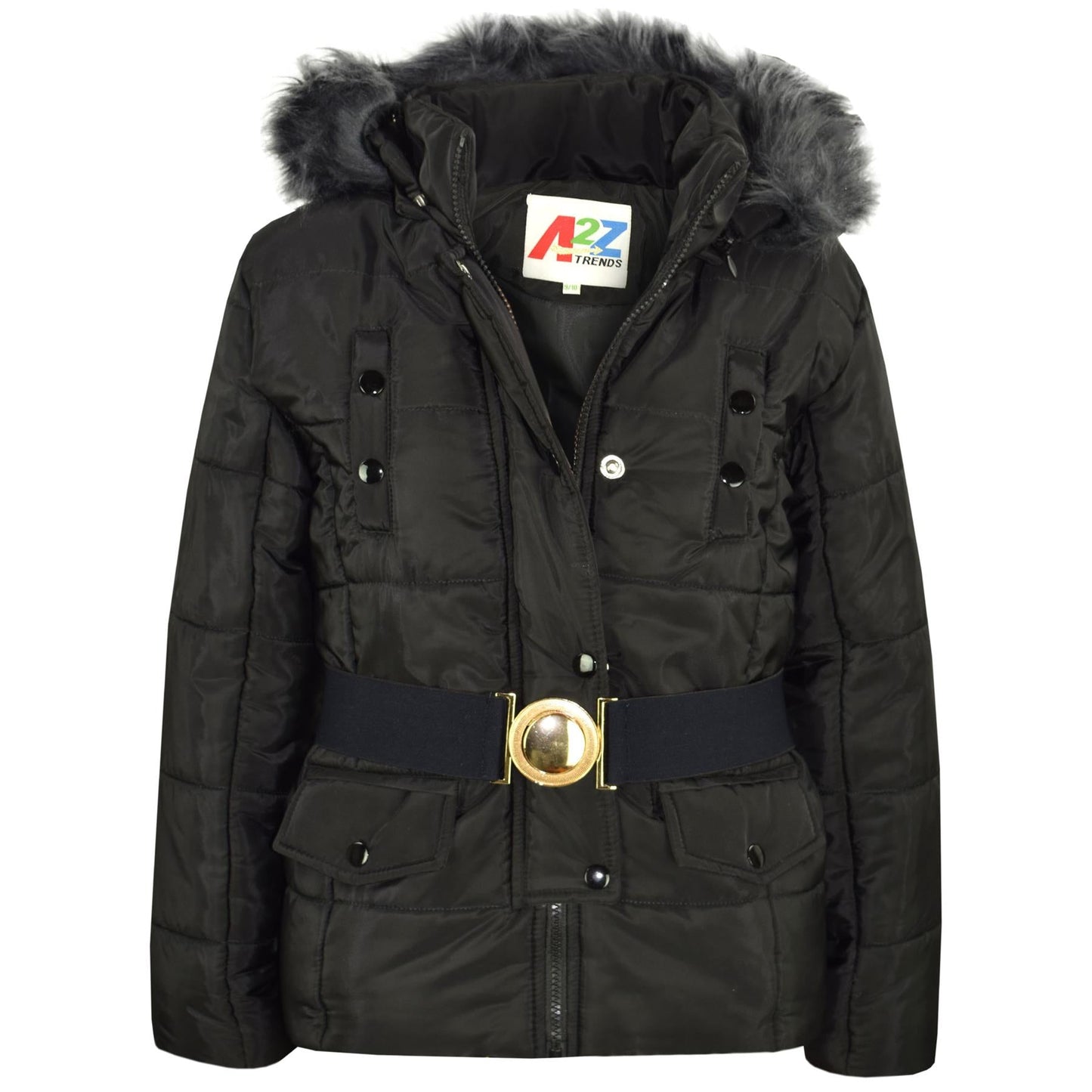 Kids Girls Puffer Jackets Faux Fur Hooded Zipped Belted Coats Age 5-13 Years
