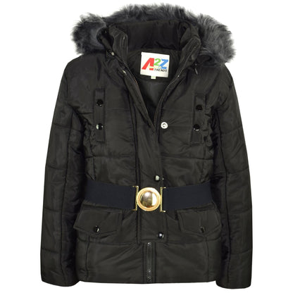Kids Girls Puffer Jackets Faux Fur Hooded Zipped Belted Coats Age 5-13 Years