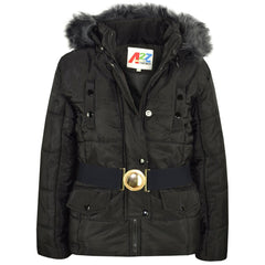 Kids Girls Puffer Jackets Faux Fur Hooded Zipped Belted Coats Age 5-13 Years