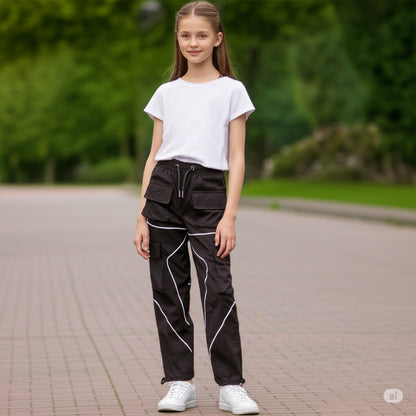 Kids Girls Cargo Trousers Elasticated Waist Straight Fit Joggers Activewear Pant