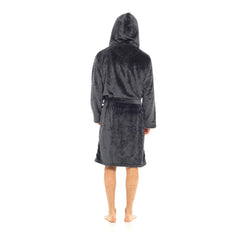 Mens Flannel Fleece Hooded Dressing Gown Sherpa Lined Robe with Belt & Pockets