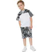 A2Z 4 Kids Two Colour Block Contrast Panel Camo Charcoal Top & Shorts Set Short Sleeves T Shirt Summer Outfit 2 Piece Activewear Girls Boys Age 5-13 Years