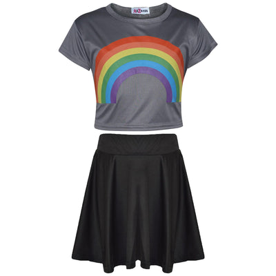 A2Z 4 Kids Girls Crop Top & Skirt Sets Designer's Rainbow Print Steel Grey Trendy Floss Fashion Belly Shirt & Skirts Trendy T Shirt Tops Tees & Bottom Set New Age 5 6 7 8 9 10 11 12 13 Years