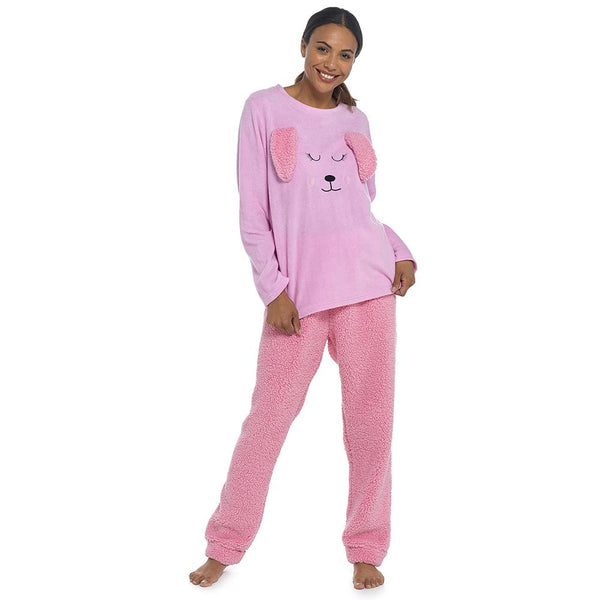 Ladies Rabbit 3D Ears Soft Micro Fleece Top Sherpa Bottoms for Women Pyjama Set