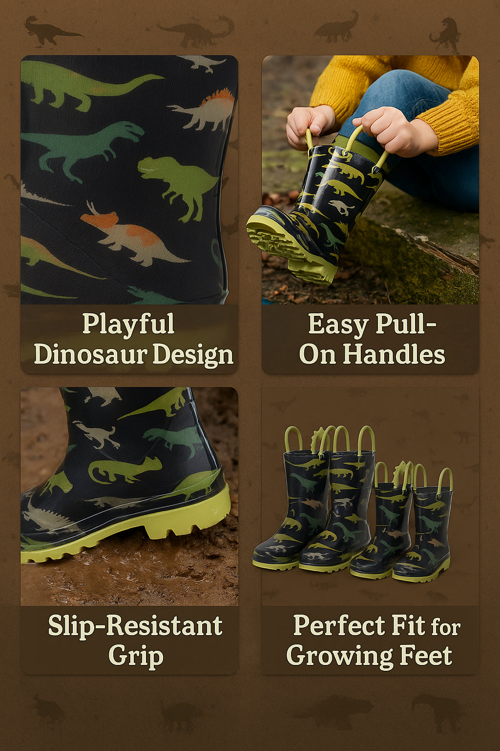 Dinosaur Wellington Boots Boys Girls PVC Rain Wellies Non-Slip Waterproof Shoes