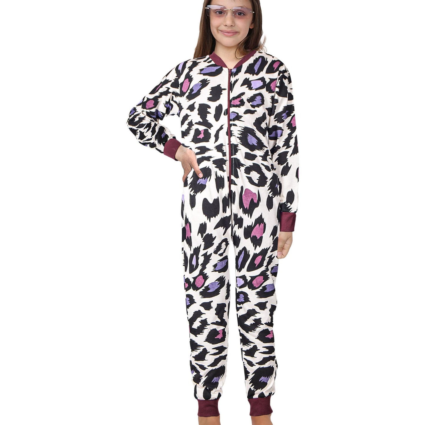 A2Z Onesie One Piece Kids Pyjamas Sleepsuit Leopard Print Costume For Girls