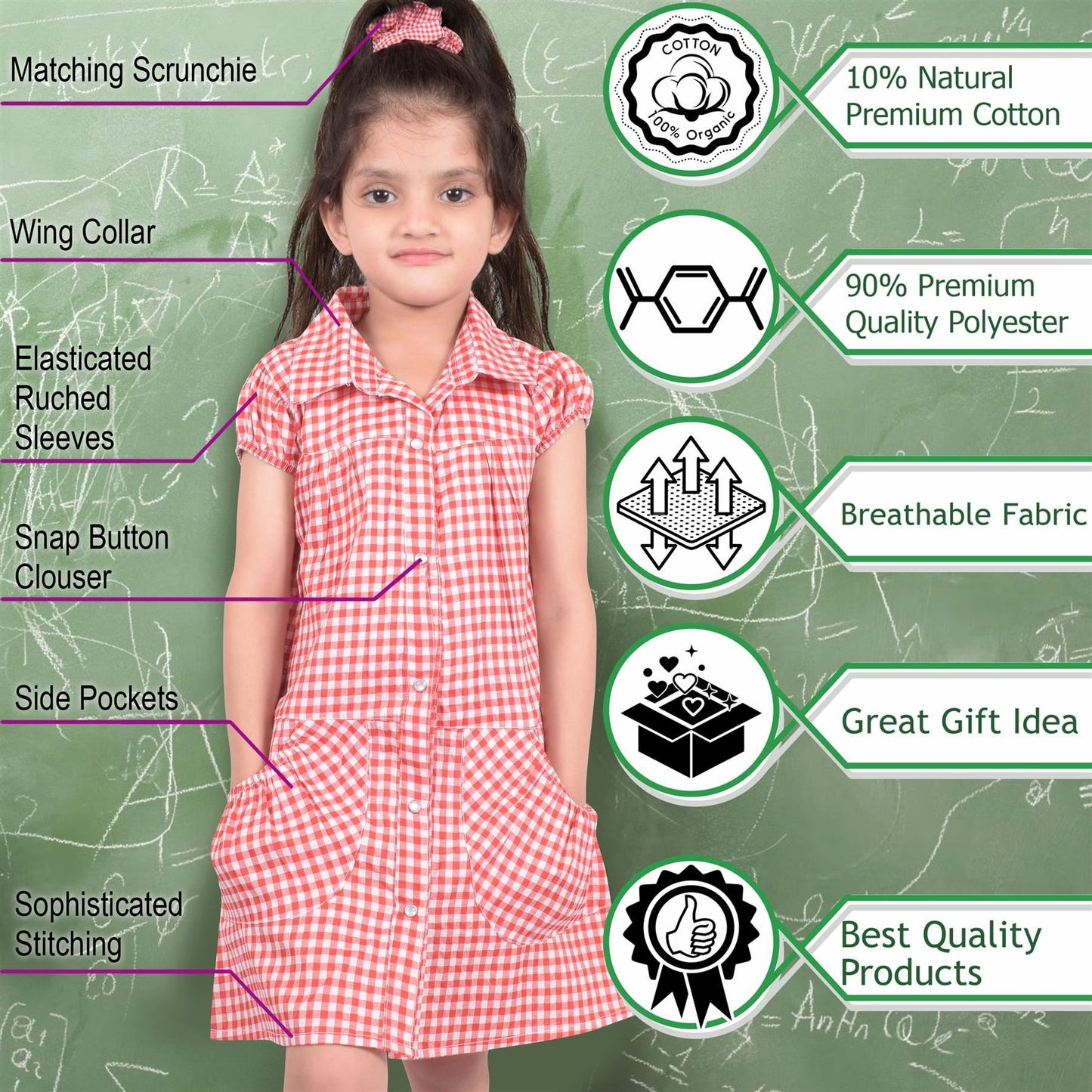 Kids Girls Gingham School Dress Check Printed Dresses With Matching Scrunchies - A2Z 4 Kids