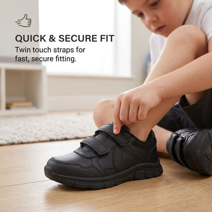 Kids Boys School Shoes Black Twin Strap Touch Fastening Trainers PU Grip Sole