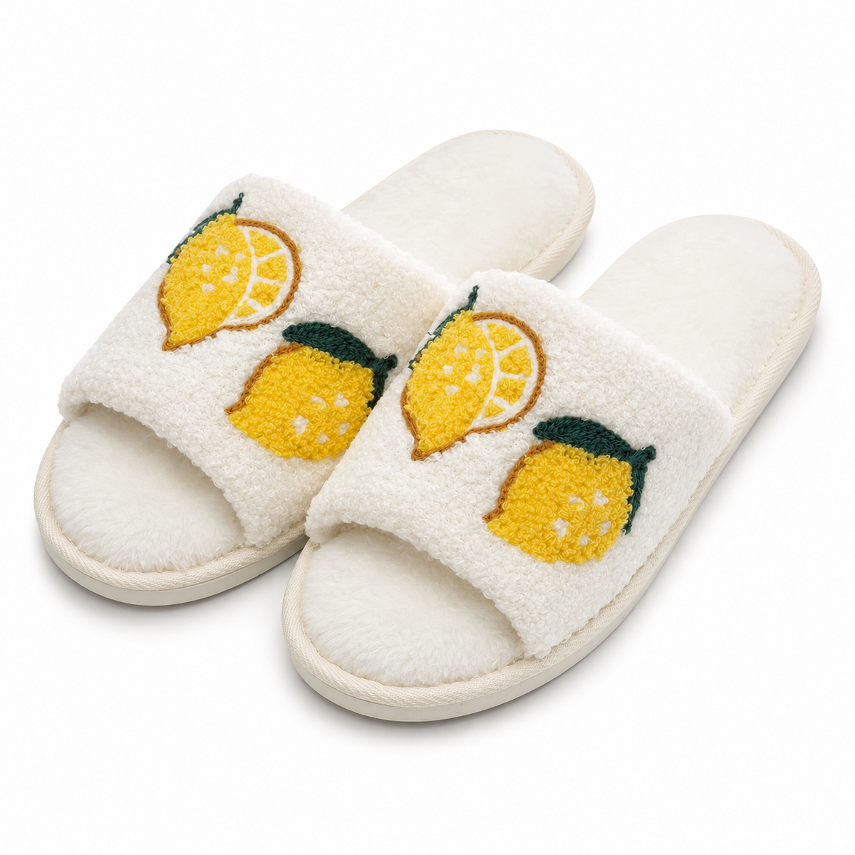 A2Z Ladies Cream Lemon Print Plush Open Toe Slippers Soft Indoor Shoes