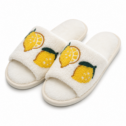A2Z Ladies Cream Lemon Print Plush Open Toe Slippers Soft Indoor Shoes