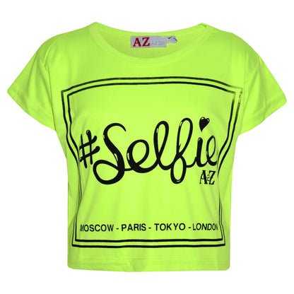 Girls Top Kids #Selfie Print Stylish Fahsion Trendy T Shirt Crop Top 7-13 Years