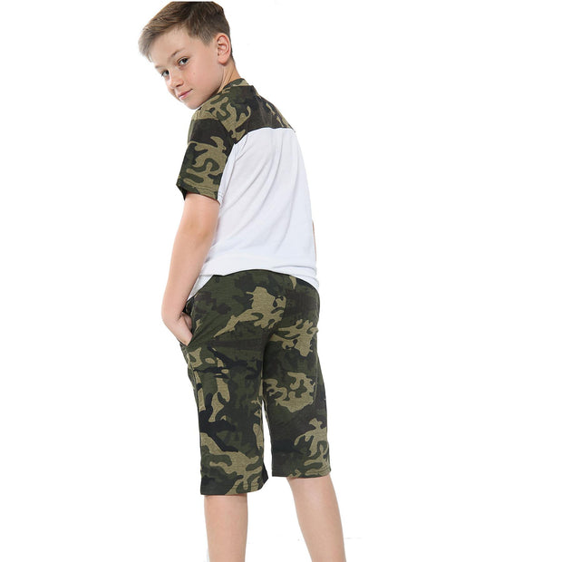 A2Z 4 Kids Two Colour Block Contrast Panel Camo Green Top & Shorts Set Short Sleeves T Shirt Summer Outfit 2 Piece Activewear Girls Boys Age 5-13 Years