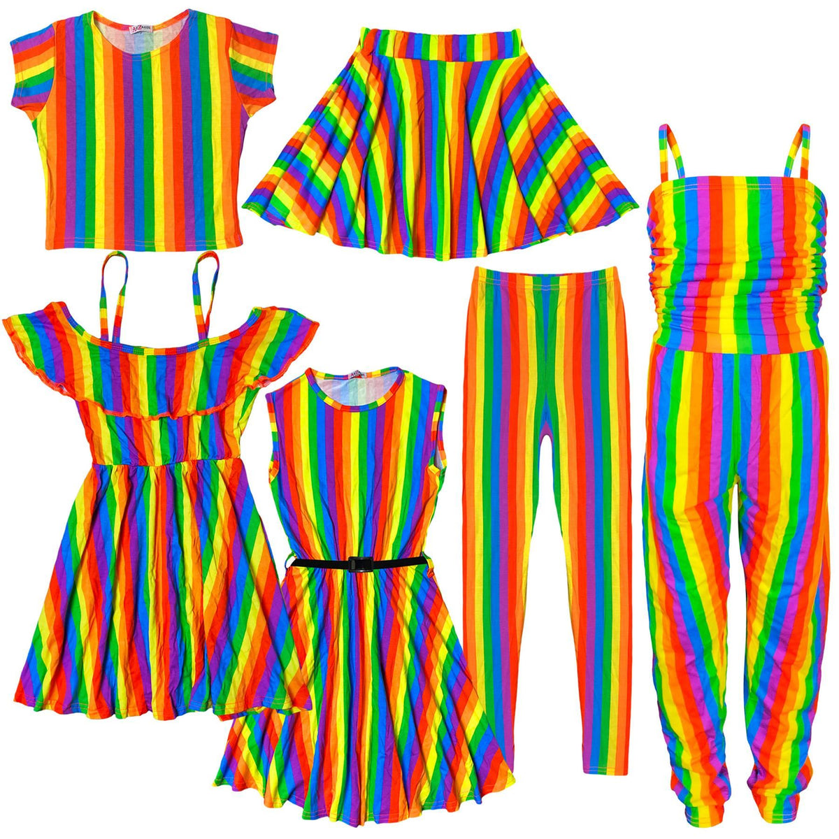 Girls Rainbow Clothing Crop Tops Skirts Dresses Jumpsuits Leggings Party Wear