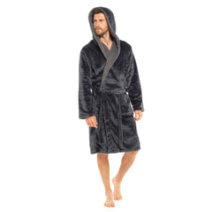 Mens Flannel Fleece Hooded Dressing Gown Sherpa Lined Robe with Belt & Pockets